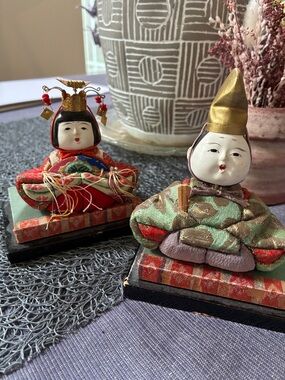 Handcrafted Japanese Hina Doll Pair in Red and Green